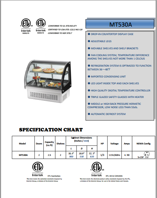 3.3CU.FT Glass Refrigerated Bakery Display Case For Bakery Shop