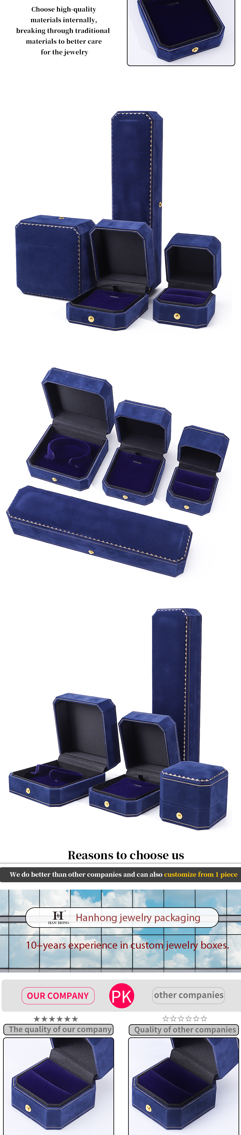 Han Hong Customized Size Blue Velvet Jewelry Box with Logo and Jewelry Package