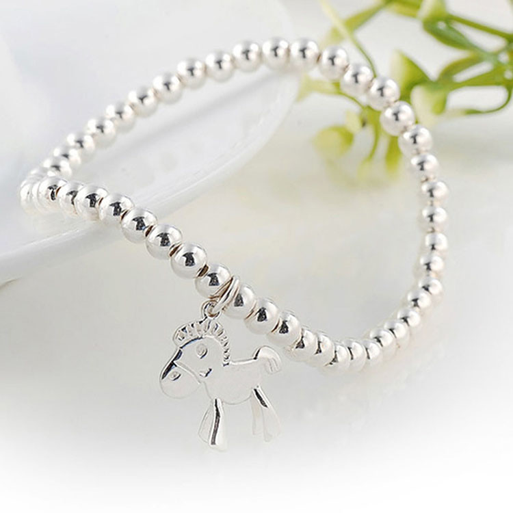 5mm Sterling Silver Beads Bracelet with 925 Silver Horse Charm 6.5 inches (B120704)