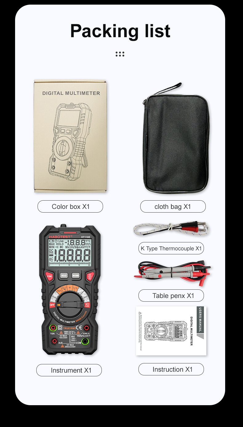 HT118E Digital Multimeter 20000 Counts True Rms NCV HZ Multimeters Transistor Tester Voltimetro Capacitance Meter