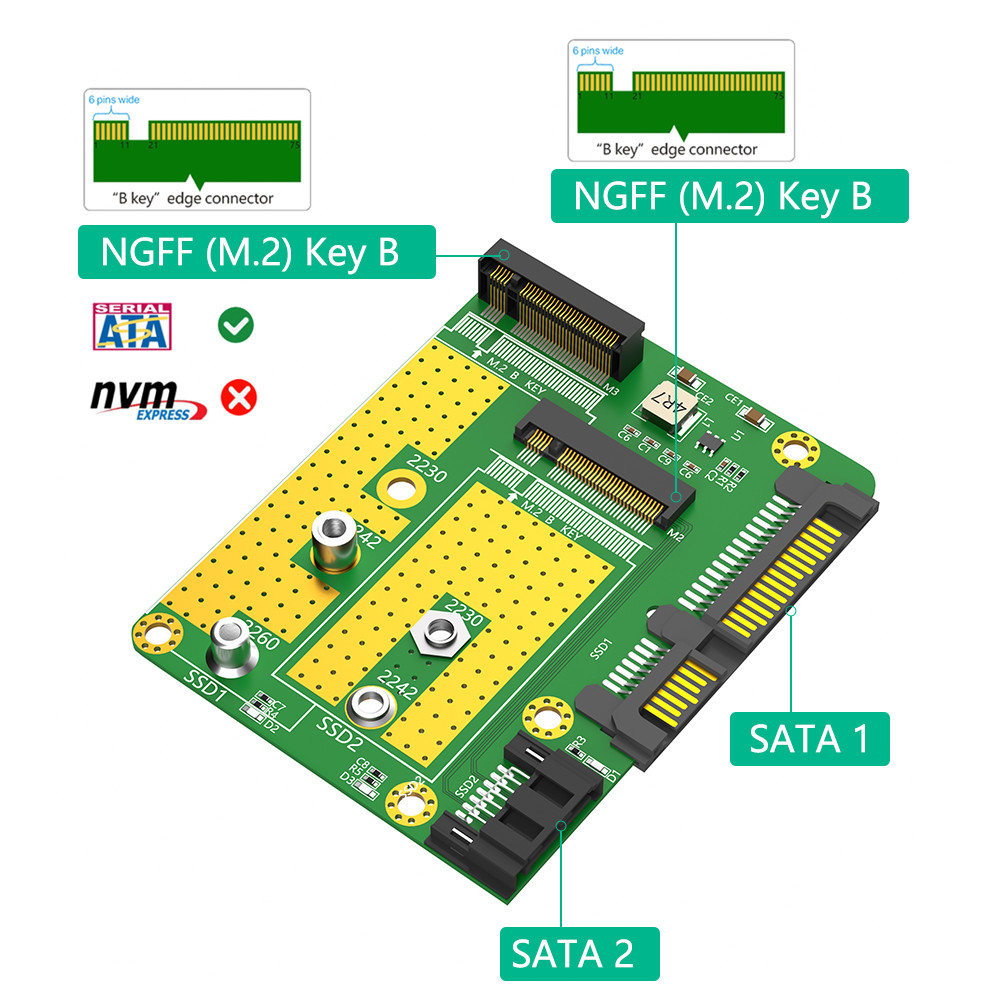SATA 3.0 22PIN Interface to 2 x NGFF M.2 Key-B Key B+M SATA SSD Adapter Converter Card With SATA 7Pin Data Cable