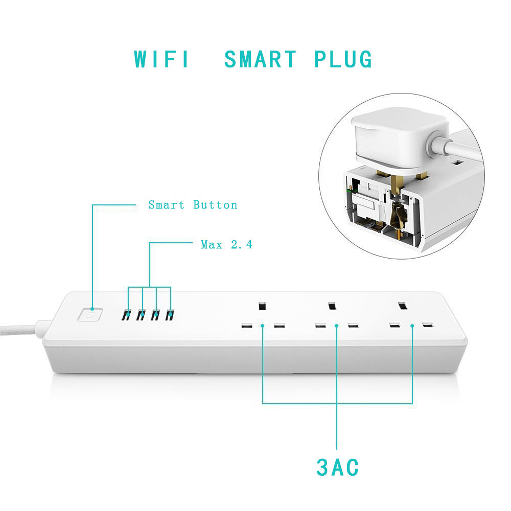 Universal Electrical 10A Tuya Wifi Smart Plug Fast Charging Extension UK 4 Plug + 4 USB