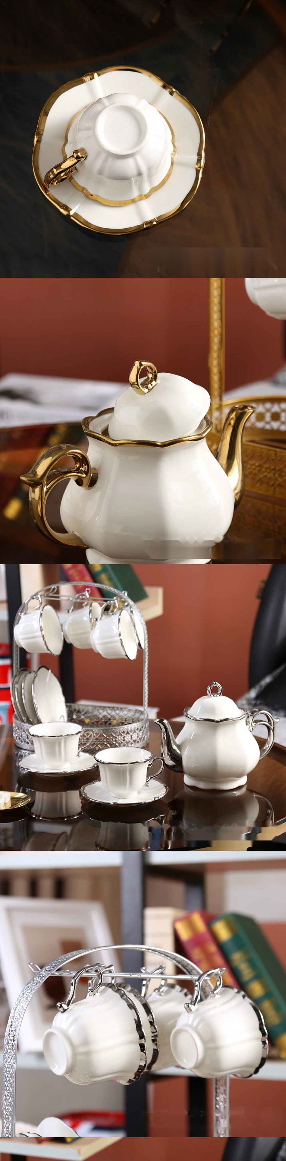 Europe Design Style Vintage Ceramic Tea Cup Set with Teapot Gold Porcelain Coffee Set
