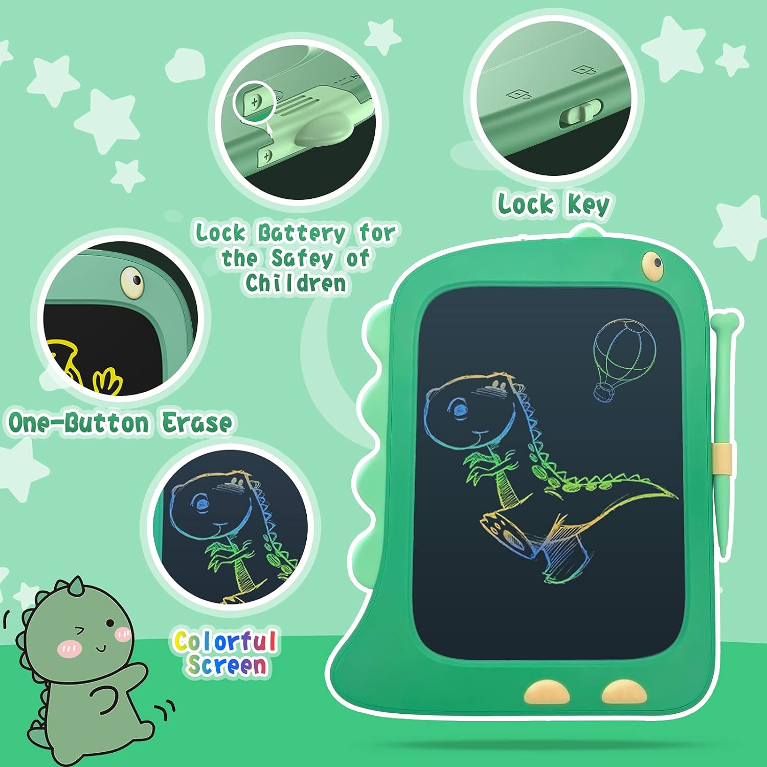 Unisex 8.5 Inch LCD Doodle Board Toy Green Dinosaur Drawing Pad for Kids 2-6 Years Old
