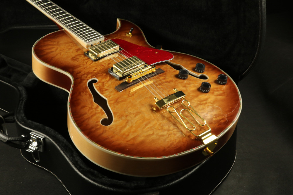 High Quality tabacco thick hollow body abalone inlay single cutaway electric guitar Guitar