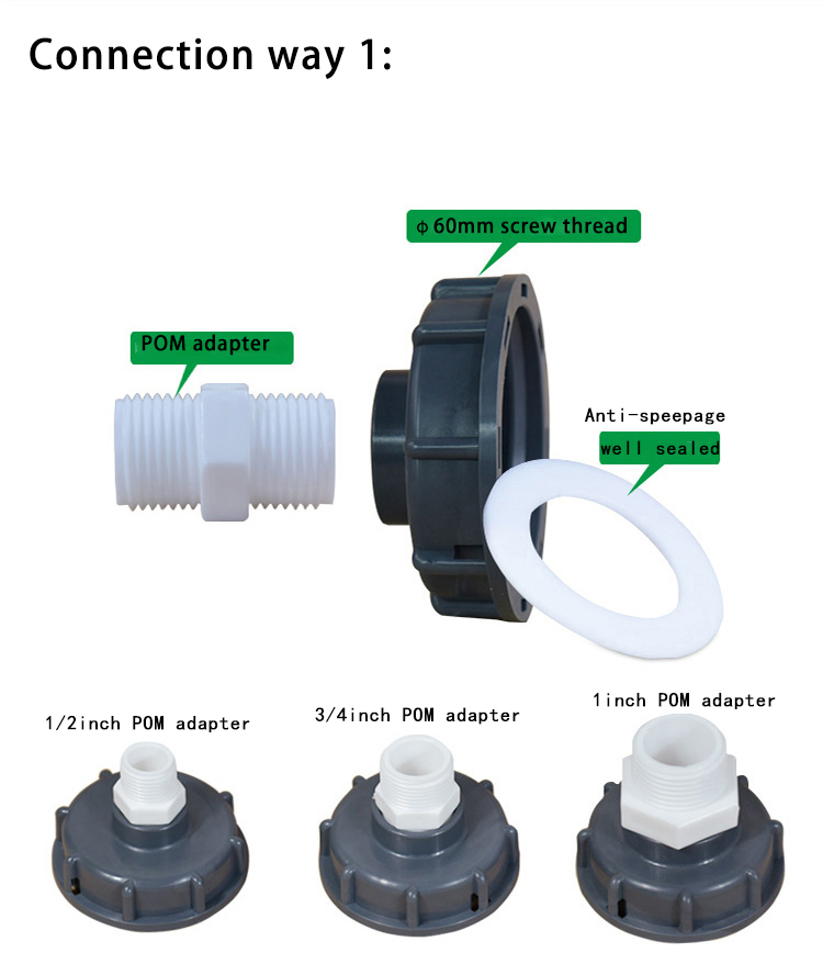 2" and 1.5" Adapters Pipes Fittings for Round Head Female Connection Connect IBC Tanks