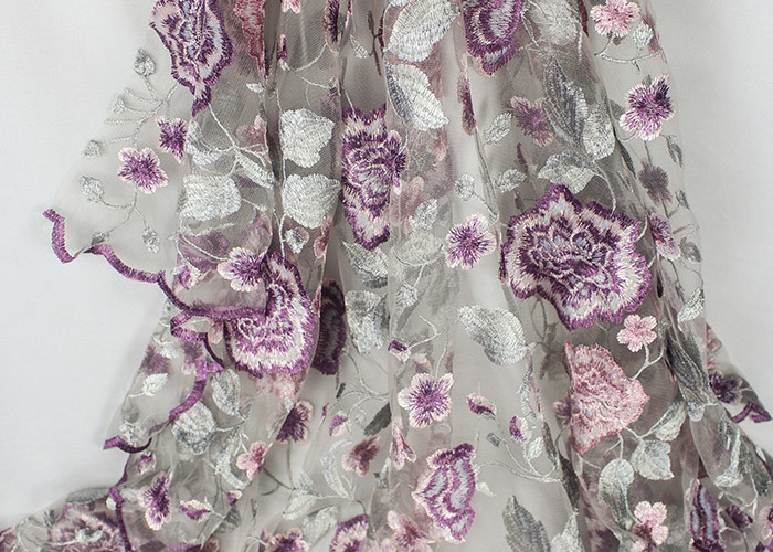 Embroidery Multi Colored Lace Fabric Polyester On Nylon Mesh With Flower Design