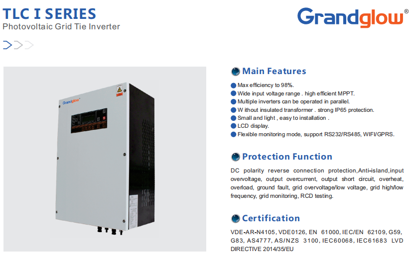 Grandglow Solar System 5KW Photovoltaic Grid Tie Solar Inverter (model: TLC5000 I)