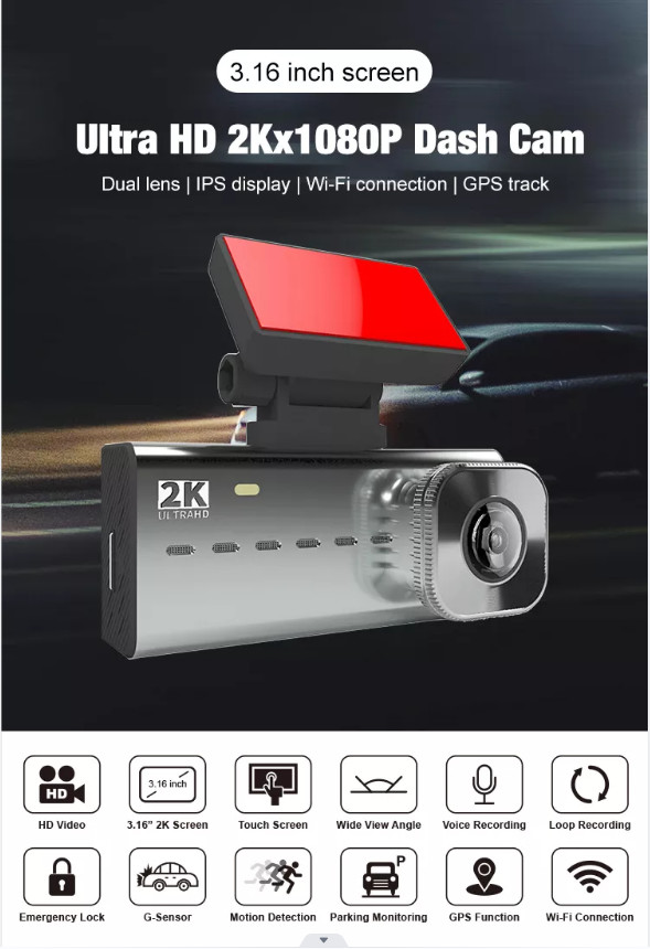 Car DVR SONY IMX335 2K Dash Cam Ultra HD Dual Lens 3.16 Inches