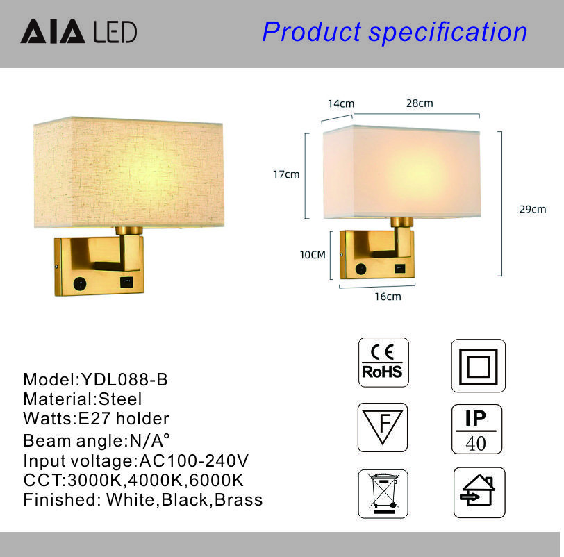 USB hotel bedside lamp bedroom bedhead wall lamp indoor fabric shade modern reading light wall lamp interior