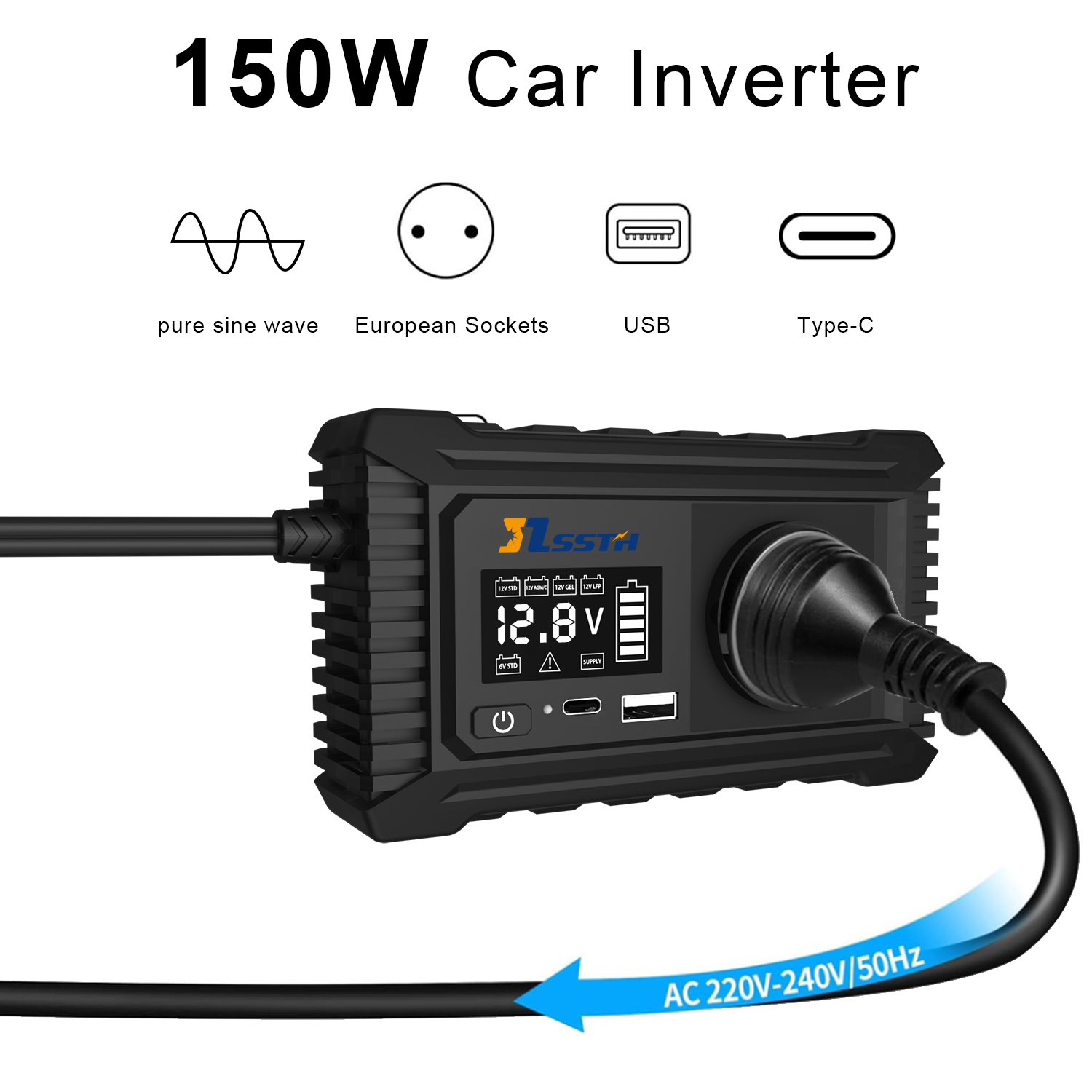 12V 220V Mini Dc To Ac GaN PD Fast Charger Converter USA UK EU Socket 150W Pure Sine Wave Electric Car Power Inverter Dual Sockets