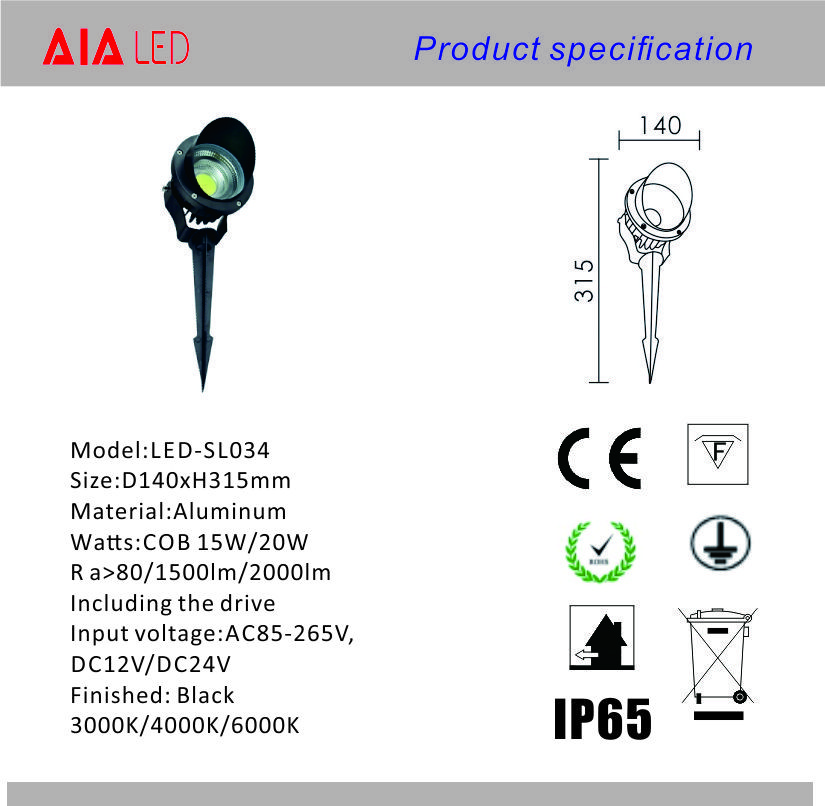 IP65 waterproof round black D140xH315mm outdoor 3W LED lawn spike lights for hotel