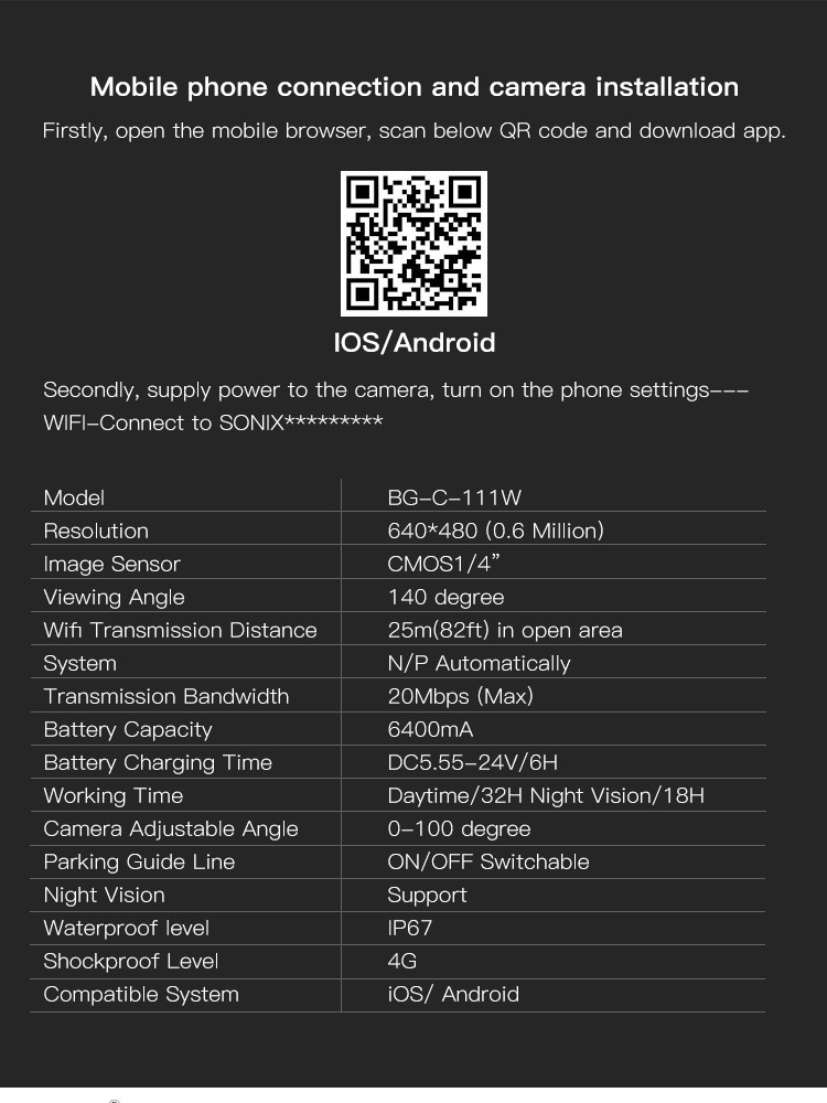 Phone App Wifi Car Cameras Infrared Night Version IP67 140 Degree View High Capacity Battery