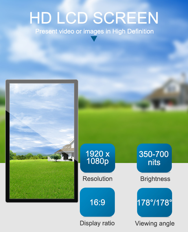350 Cd/M2 55inch Wall Mounted Digital Signage , LCD Screen For Advertising