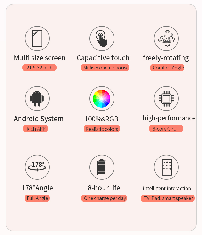 21.5 inch 8G+128G Capacitive Touch Portable TV with Wheels - 360° Swivel Touchscreen for Kitchen & Living Room, Follow Me Screen