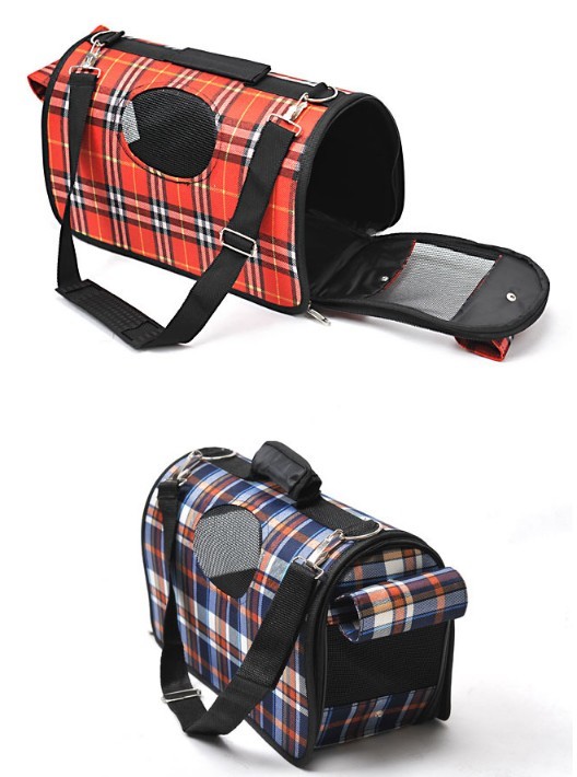 Plaid Pattern Pet Carrier Bag Lovely With Adjustable Dismountable Long Belt