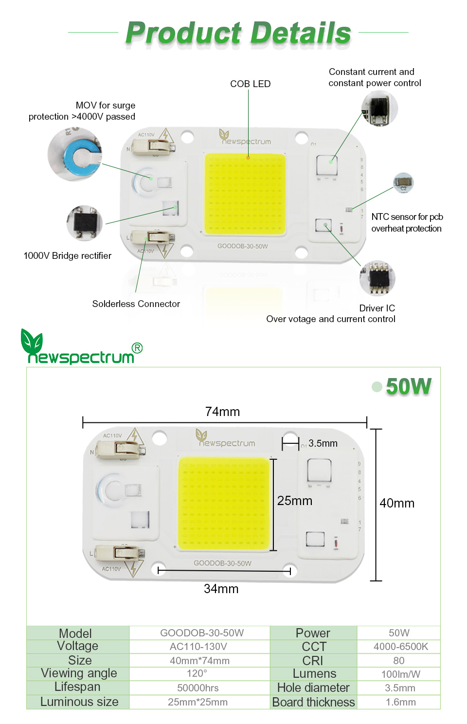 No Welding AC COB LED COB Chip Cold Warm White For Floodlight Greenhouse
