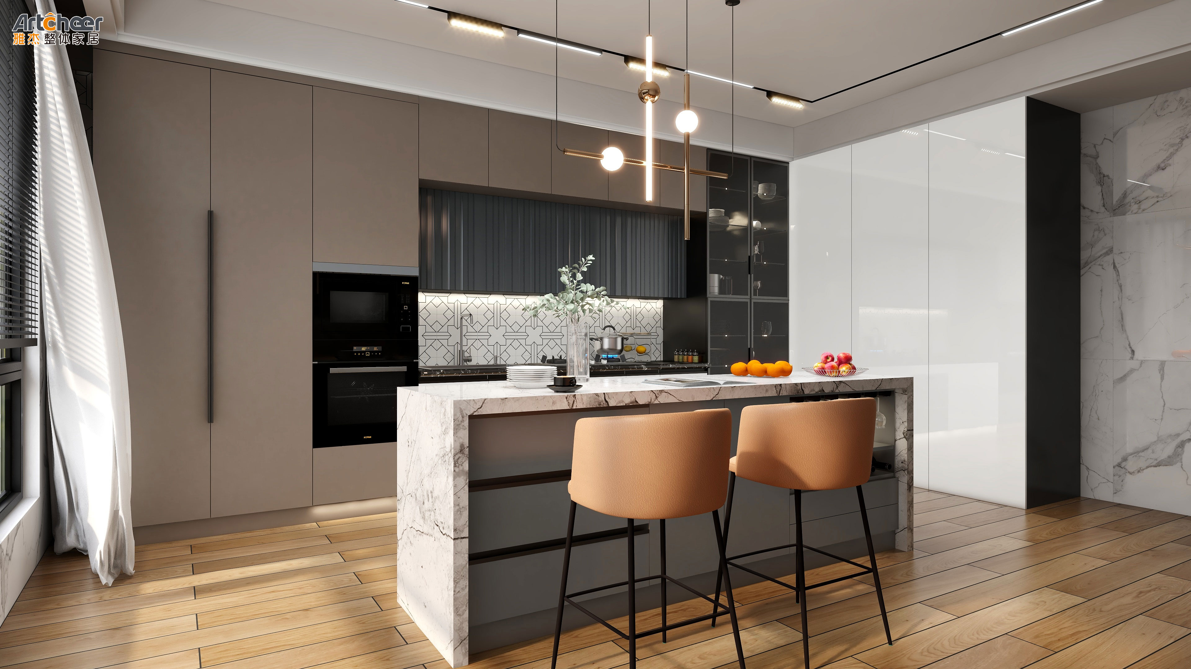 Traditional Design Waterproof Kitchen Cabinets with Radius Beveled Edge Countertop