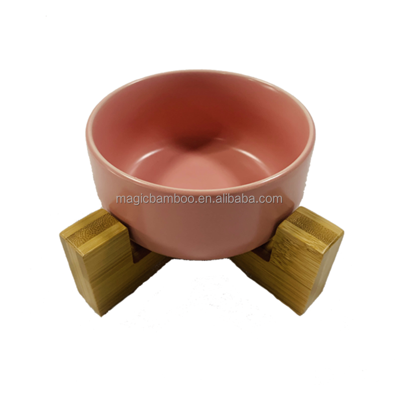 Single Multicolor Dog Bowl Holder Made of Natural Bamboo Add Bowl 7.5cm Height for Outdoor