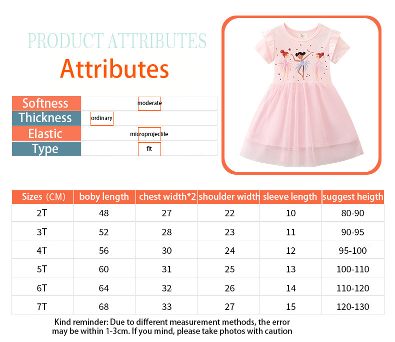 Girls' Pink Dress Summer New Fashion Print Cartoon Design Princess Dress Short Sleeve