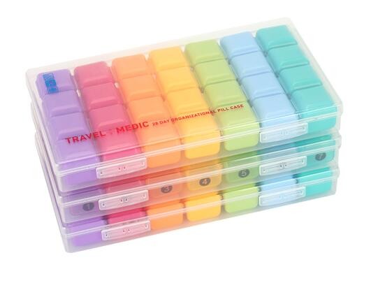 28 compartment column shape plastic pill storage box with pill crush box, Conventional eco-friendly 4 grids plastic trav