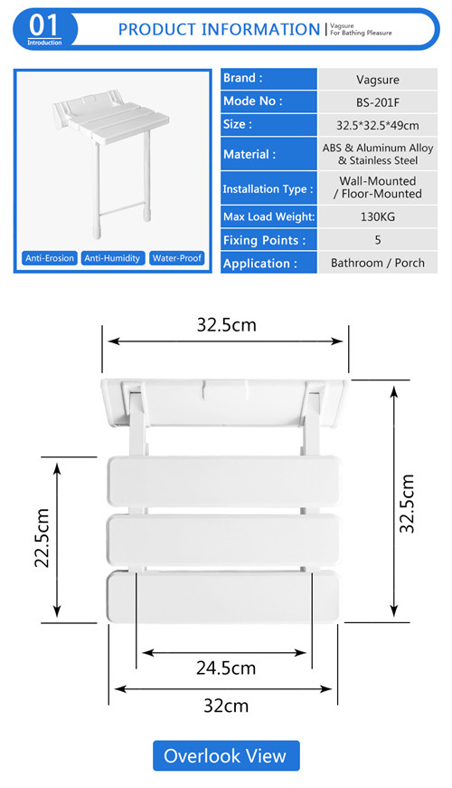 Eldly Waterproof Folding Shower Seat With Legs Max Load 130kg White Color