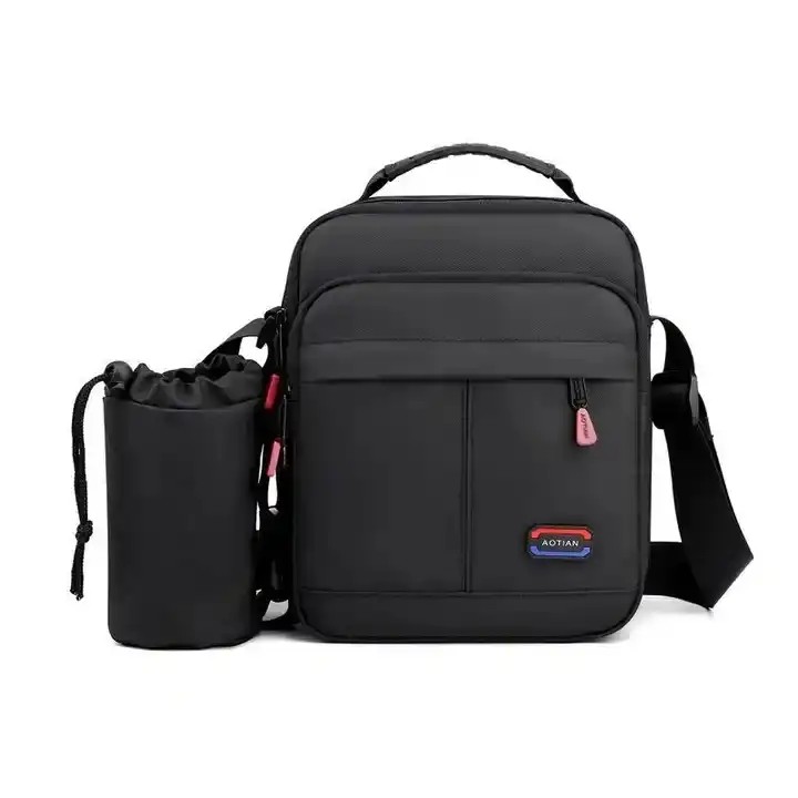 Custom Unisex Man Bag Messenger Men's Crossbody Shoulder Bag Black With Water Bottle Holder