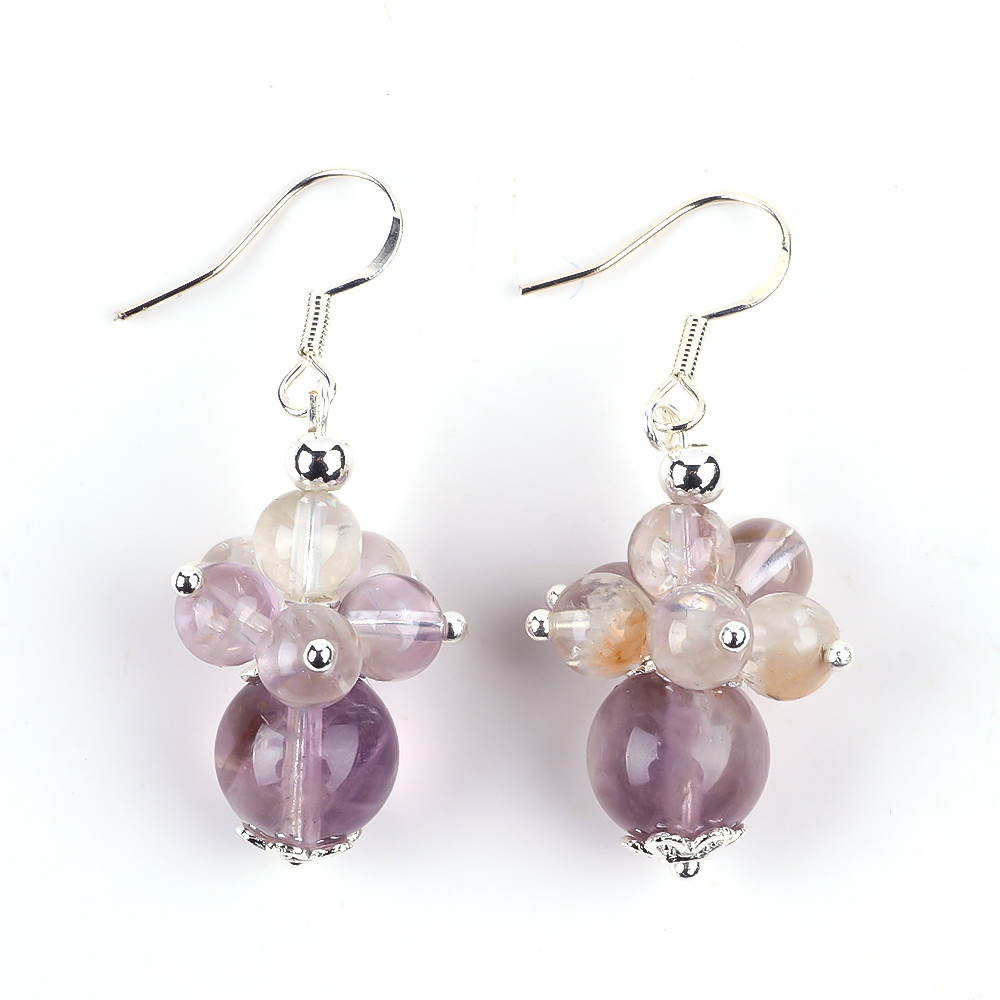 Natural Stone Earring 8MM 10MM Healing Lavender Azeztulite Crystal Bead Dangle Flower Earring