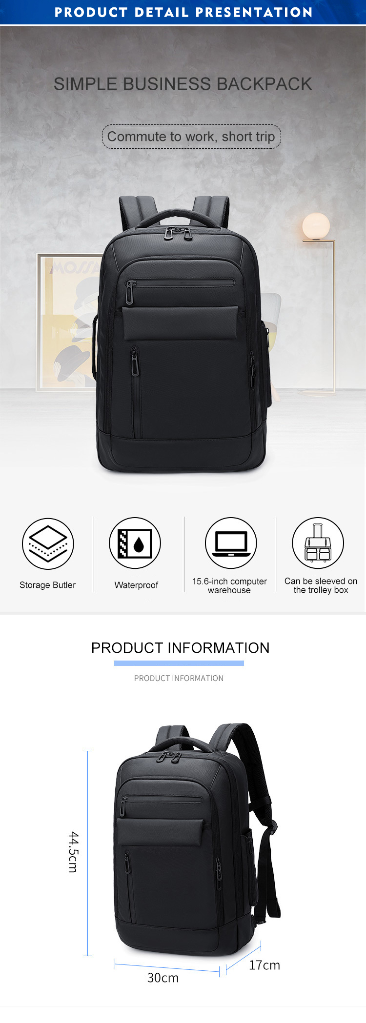 ISO9001 Duffel Bag Interior Zipper Pocket Men Business Backpack 23 Litre
