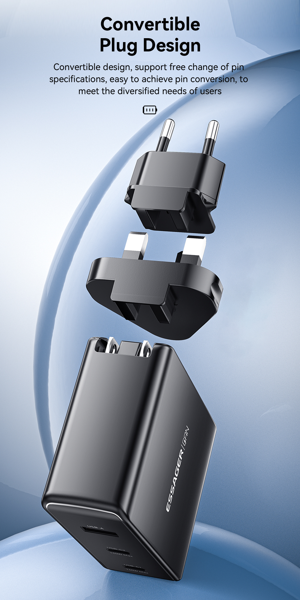 Mobile Phone GaN Chargers 140W With 3 Ports In 1 USB A 2 Type C PST-140C2A-LB-GAN Series