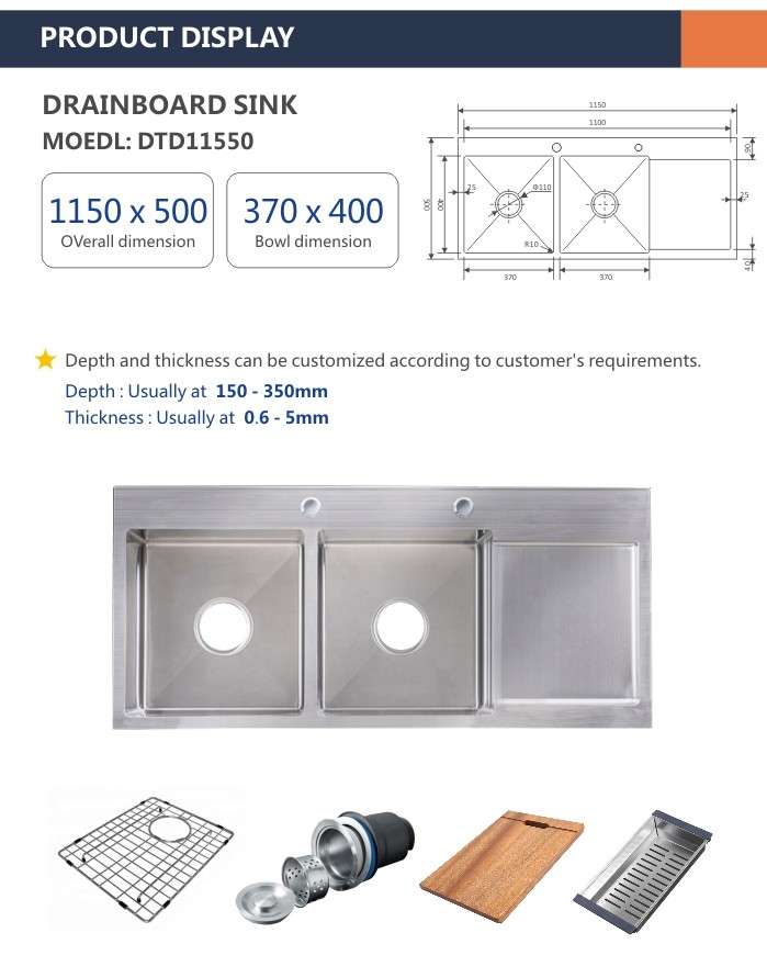 16 Gauge Drainboard Kitchen Sink , 350mm Top Mount Apron Front Sink