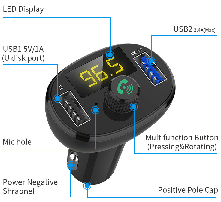 BLE4.2 Bluetooth Handsfree Car Kit FM Transmitter With Remote CE ROHS