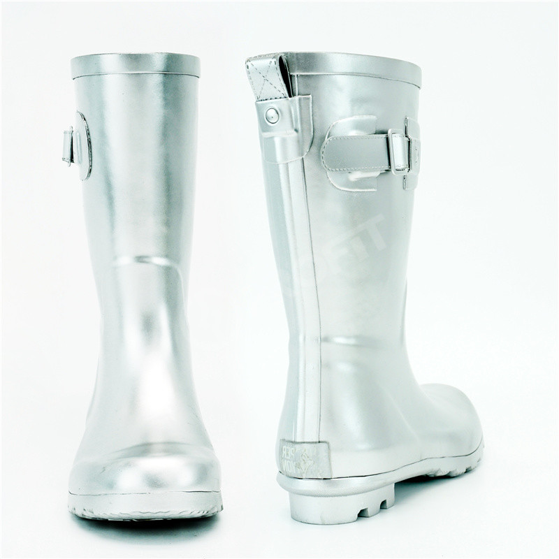 Silver Shiny Anti Skidding Waterproof Rubber Rain Boots Mid Calf