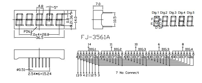 5 segment 0.36 inch Electronic Digital Display Board , J3561AH HK LED Digital Tube