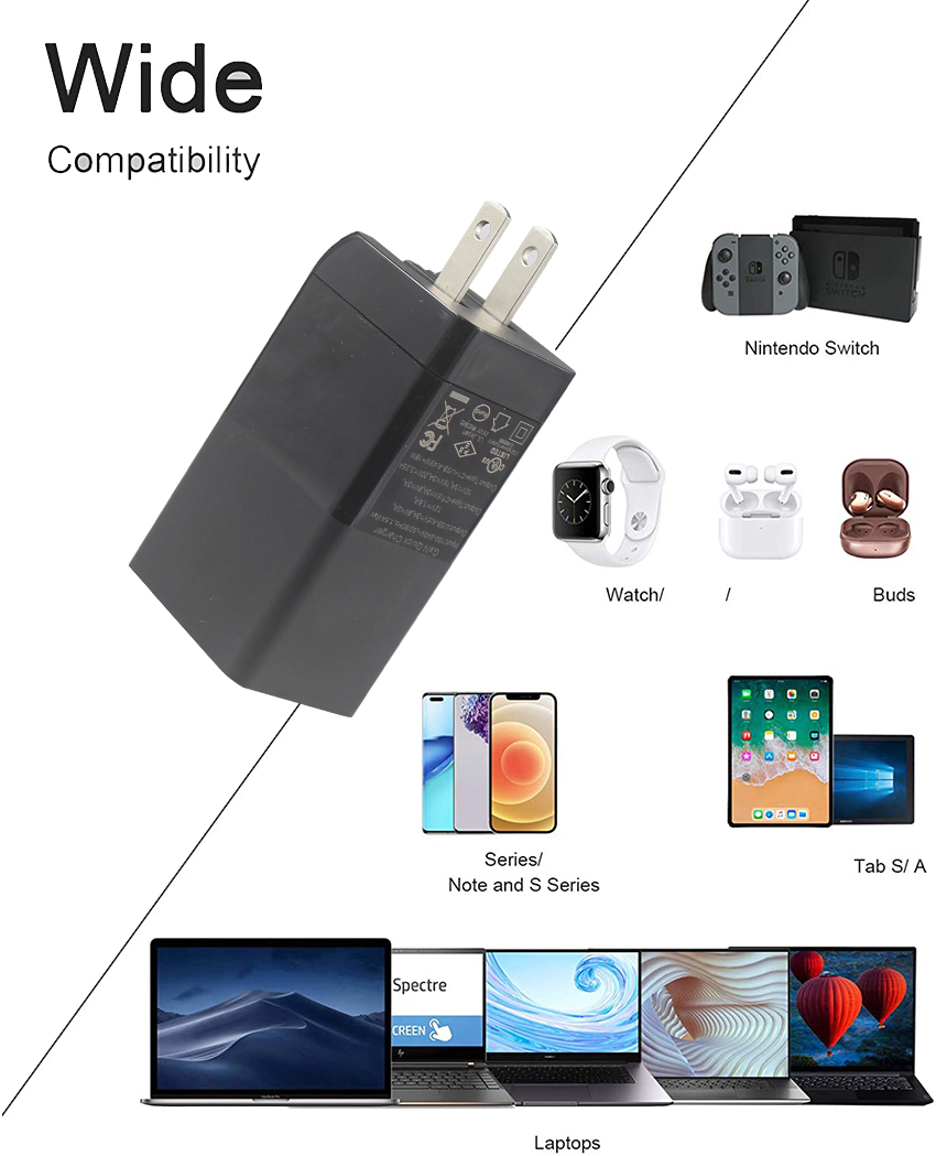 Portable Charging 65W 2 Ports Small PD Fast Charging Charger with GaN Gallium Nitride
