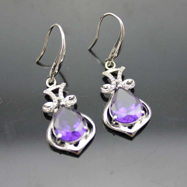 Fashion 925 Silver Pear Shape Amethyst Cubic Zircon Earrings（PSJ06005）