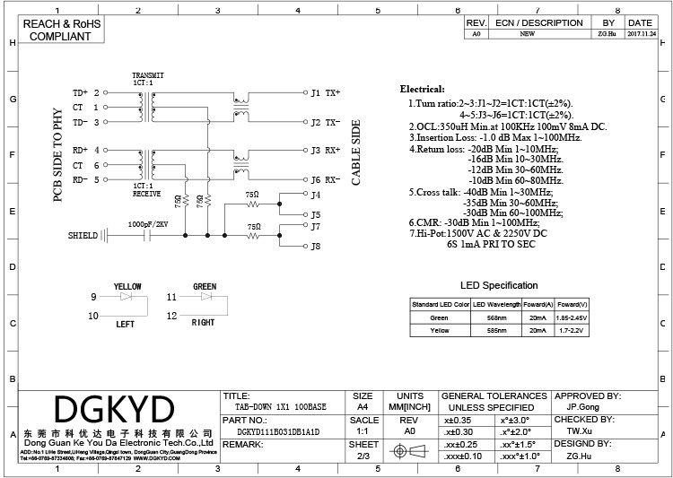 Right PCB Mount RJ45 Modular Jack With Transformer