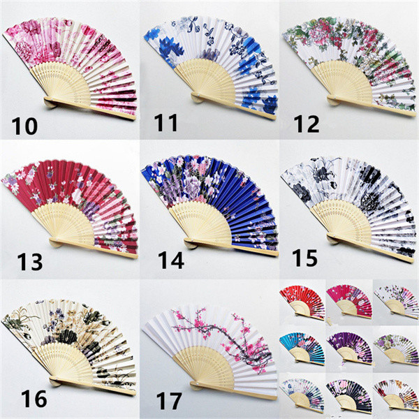 Small Foldable Festival Manual Colorful Fabric Bamboo Hand Fan With Assorted Flower Pattern