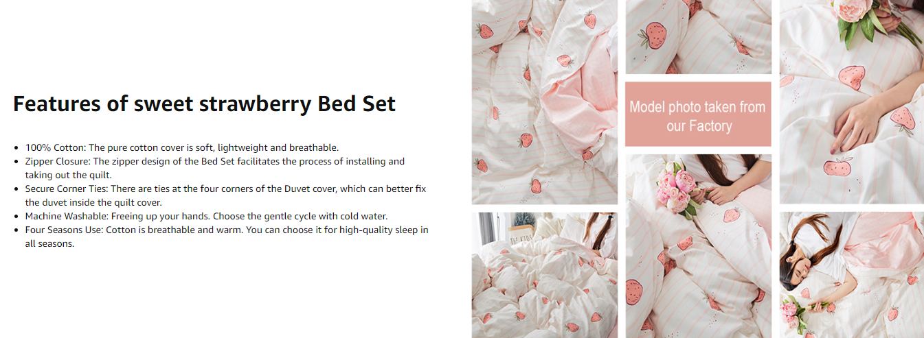 100% Cotton Duvet Cover Set Kawaii Strawberry Quilt Cover for Baby Crib in Bedroom