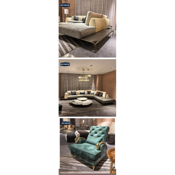 Custom New Designer Style Luxury Microfiber Fabric Leather Sofa Home Furniture House Sofa Set Luxury Living Room with Brass Legs