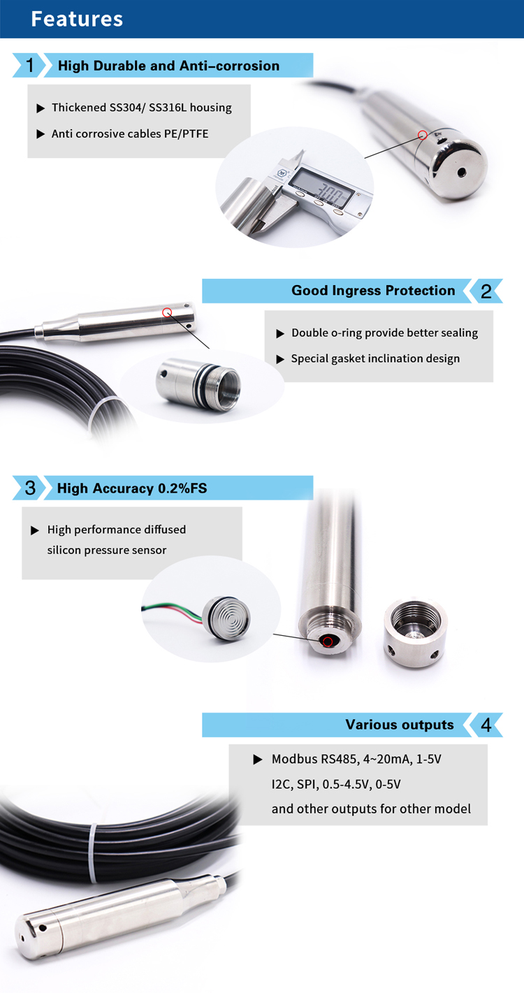 200 Meter Water Level Transmitter IP68 Standard Piezoresistive Pressure Sensors