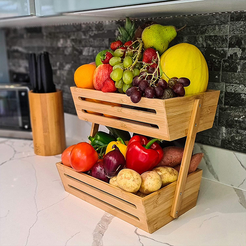 Highly Customized Bamboo 2 Tier Fruit Basket for Kitchen Countertop Storage Organizer