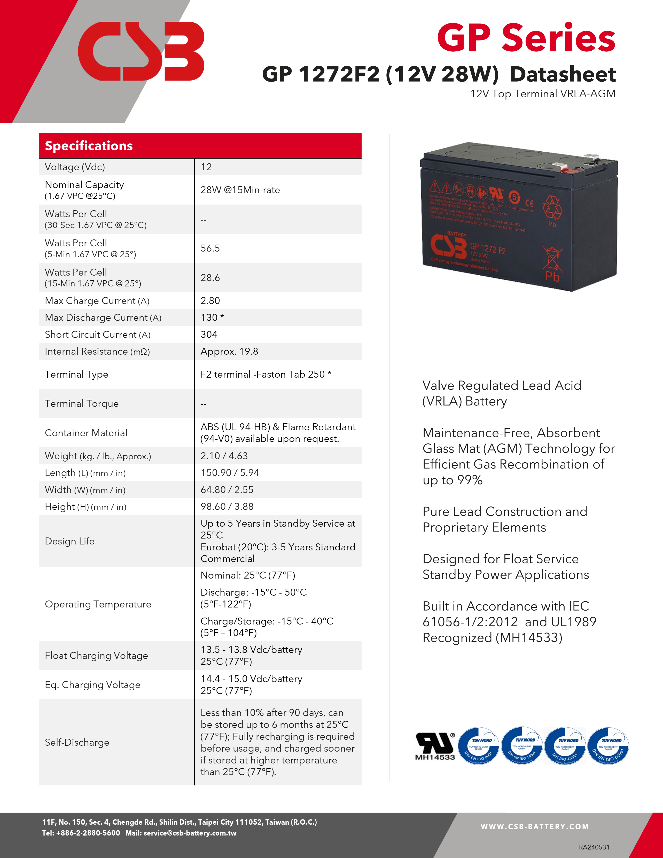 CSB GP1272 F2 12V 28W Maintenance-Free Valve Regulated Lead Acid Battery