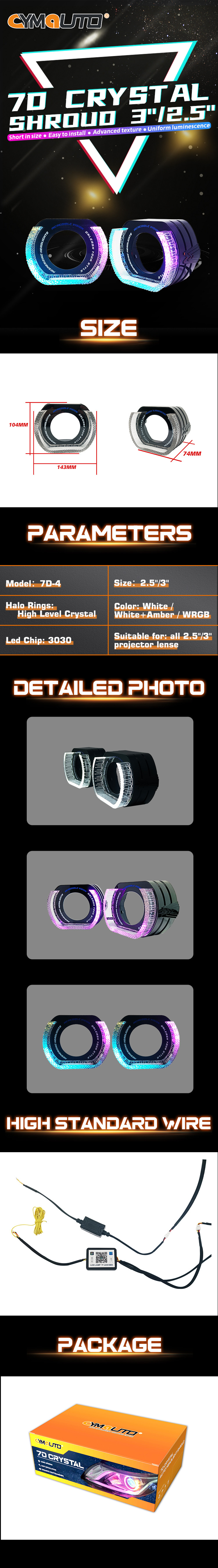 Hot Selling CYMAUTO Crystal 7D-4 Light Guide Integrated Cover WRGB Mode 2.5 Inch Angel Eye