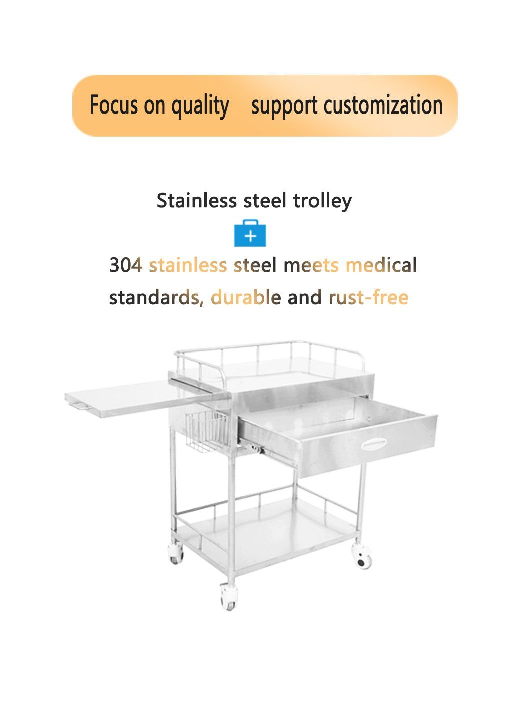 3-Tier Stainless Steel Medical Equipment Trolley with Drawers for Hospital Medical Equipment