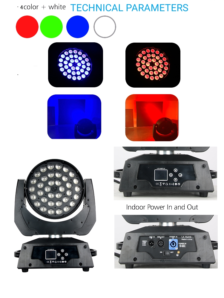 80 Ra Color Rendering Index Stage Lighting 36x10W RGBW 4-in-1 Zoom Wash Moving Head Light