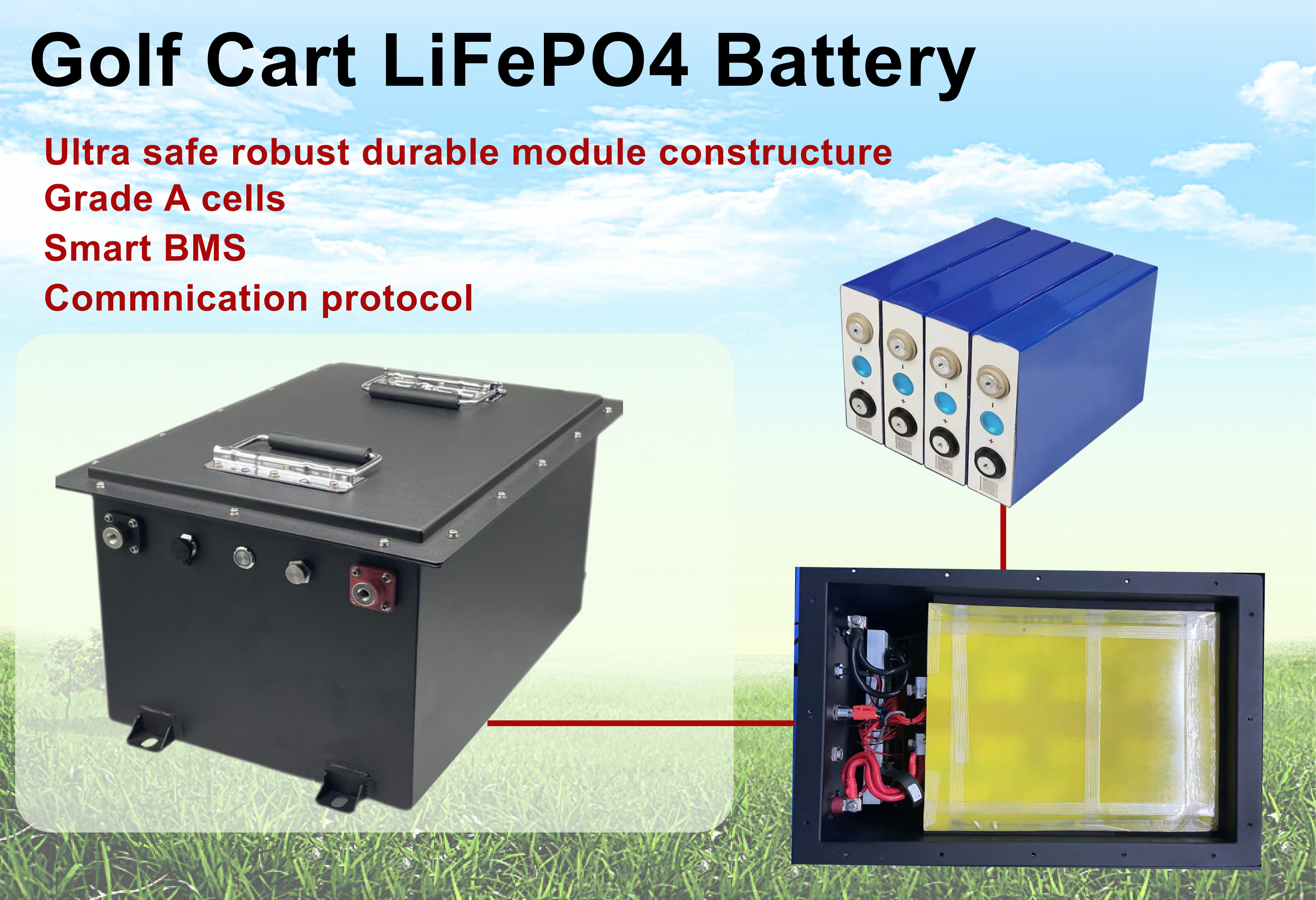 High Current Lithium Golf Cart Battery 48V 100Ah 200A LiFePO4 With LCD Display