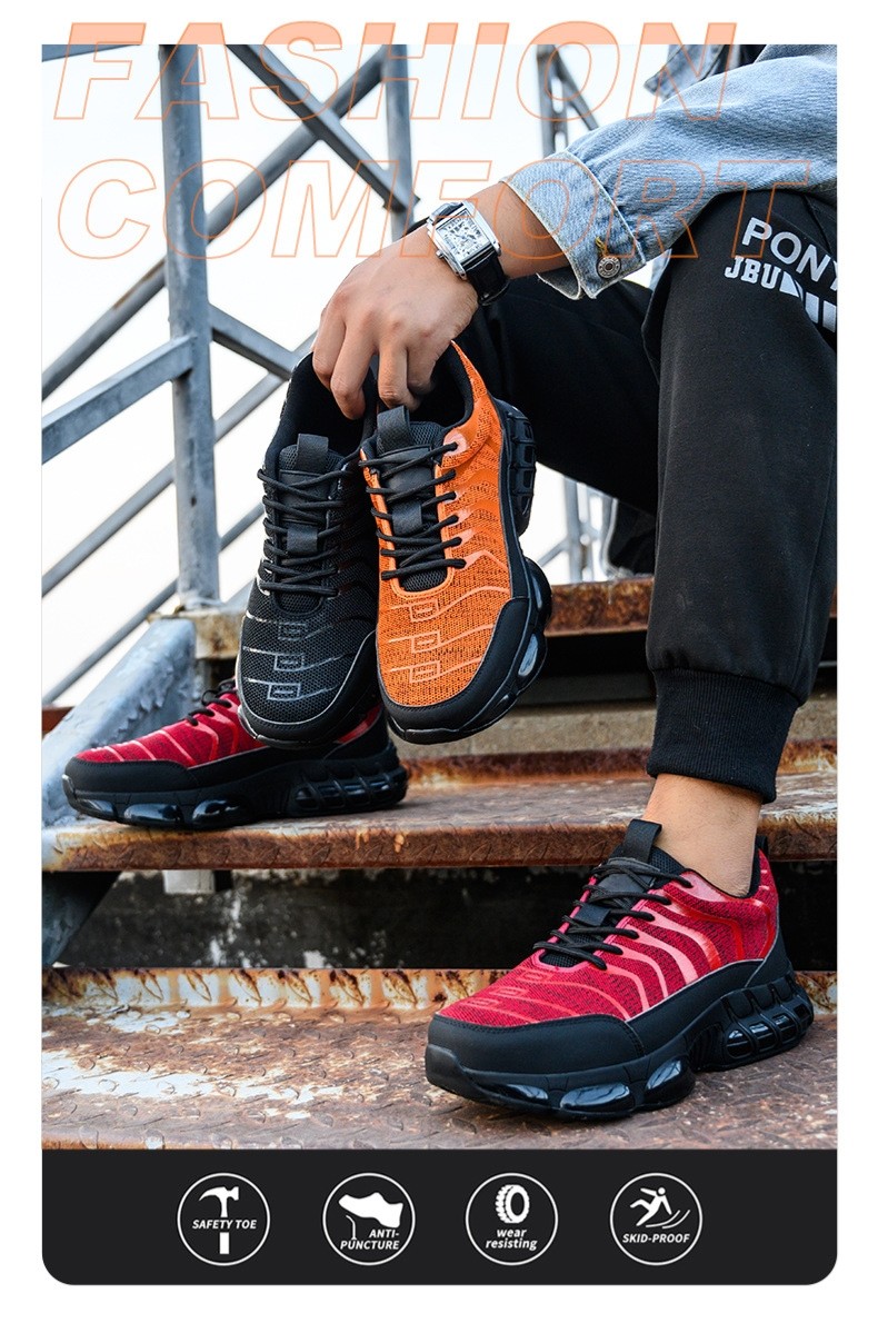 Flyknit Kevlar Air-cushioned Sole Safety Shoes For Industrial Workers In Orange Red Black