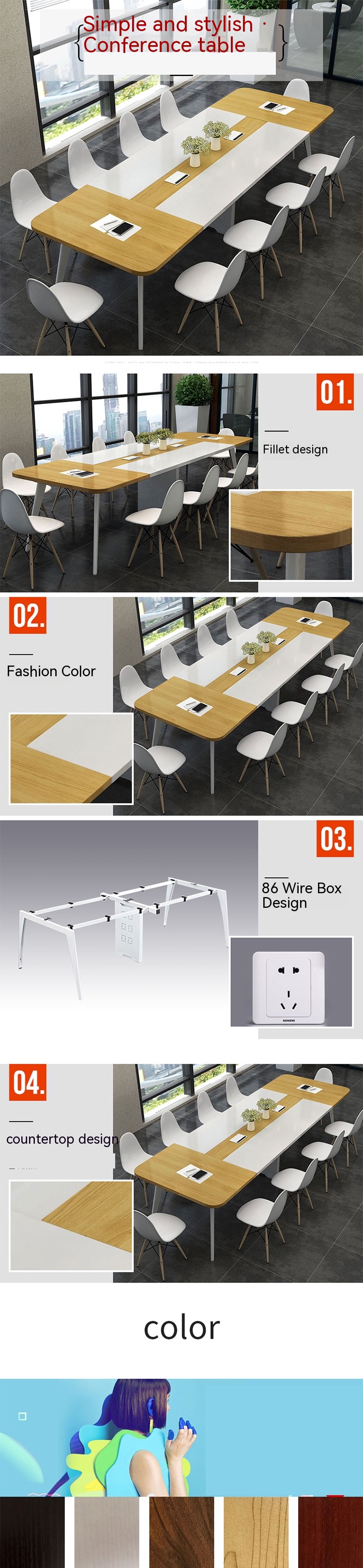 Modern Simple Long Table Wood Style PANEL Conference Table for Company Training Study