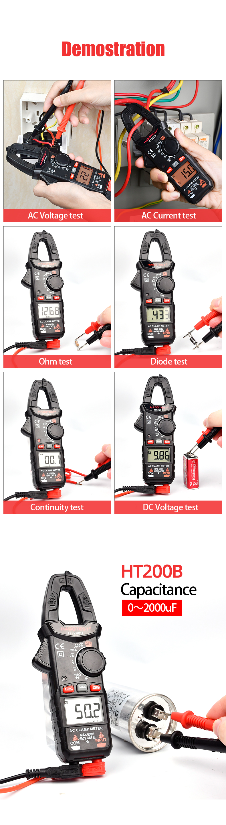 2000 Counts Auto Range 200A 2000uF Digital Clamp Meters